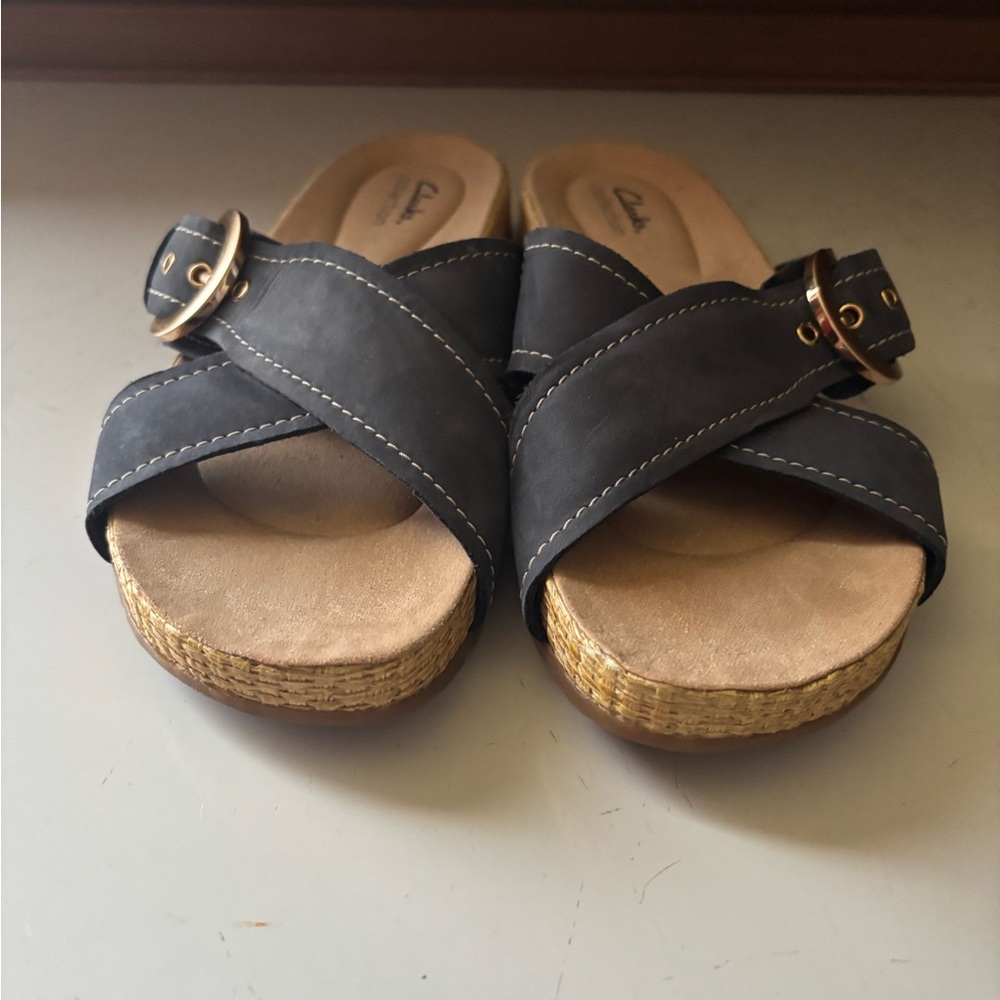 Clarks Women's Navy Slide Sandals with Gold Buckle